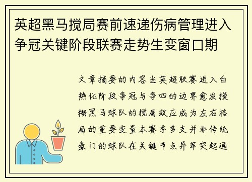 英超黑马搅局赛前速递伤病管理进入争冠关键阶段联赛走势生变窗口期